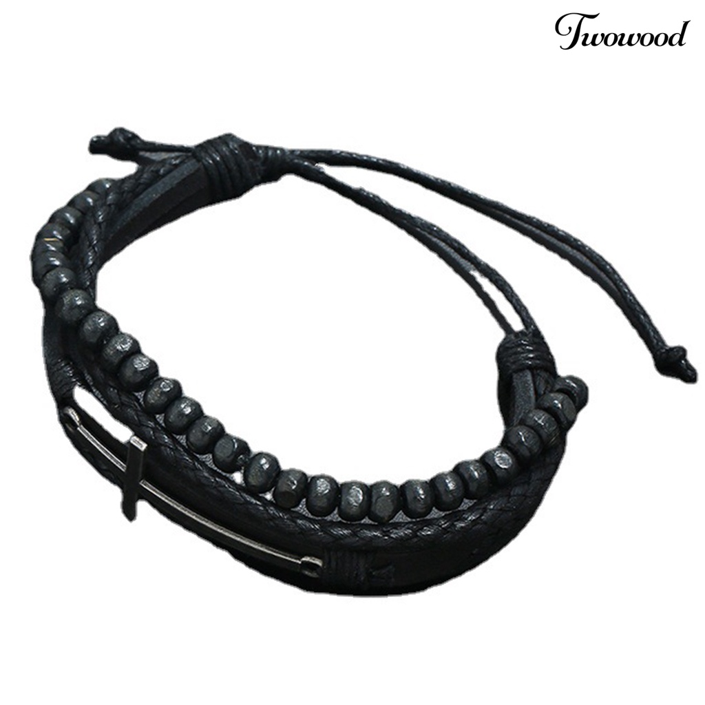 Twowood Men Bracelet Vintage Multi Layers Beads Knitted Male Bracelet for Daily Wear