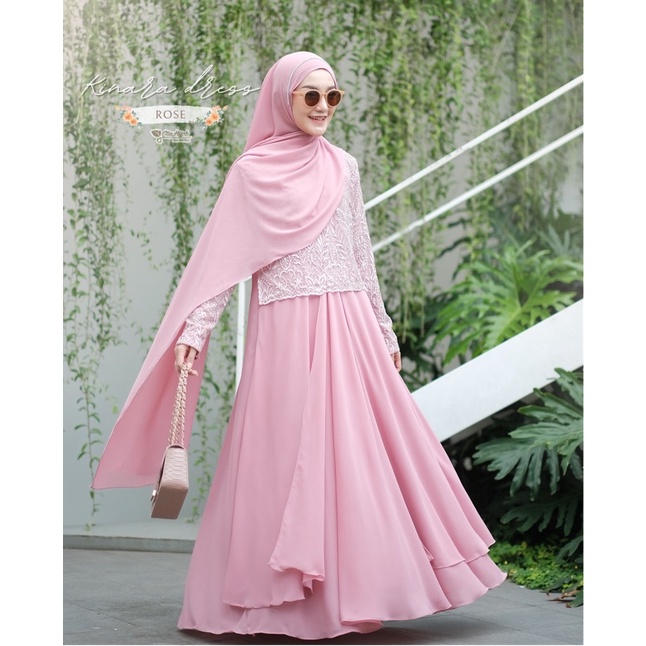 GlizHijab | Kinara Dress | Sarimbit 1 Set Gamis & Pashmina Bahan Babydoll Baju Kondangan Wanita Brokat Size XS - JUMBO-ROSE PINK