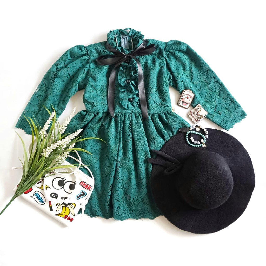 MADAM MOUREN DRESS/DRES BRROKAT/DRES ANAK CEWEK USIA 8-9 TAHUN WARNA HIJAU BOTOL ( READY STOK )