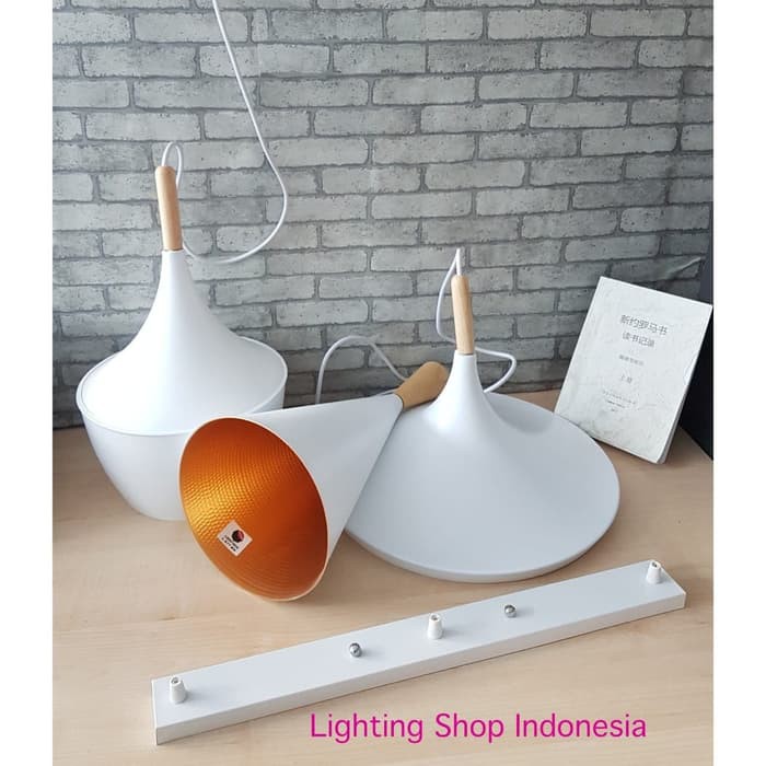 lampu gantung hias 3in1 body putih minimalis kayu base panjang bulat
