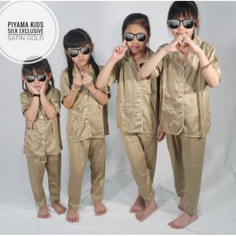 PIYAMA ANAK SATIN GOLD 1-12 TAHUN BAJU TIDUR ANAK PEREMPUAN LAK-LAKI PIAMA CELANA PANJANG LENGAN PENDEK UNISEX PIYAMA ANAK TANGGUNG