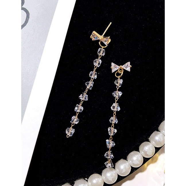 LRC Anting Tusuk Fashion Golden Silver Needle Crystal Tassel Bow K15917