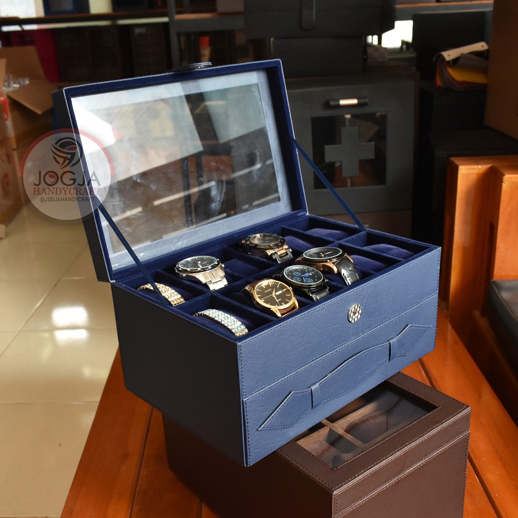 Watch Box Kotak Jam Tangan isi 12 mix Laci Tempat Perhiasan Navy