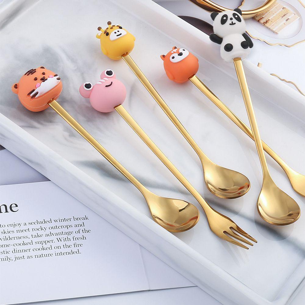 SOLIGHTER Gold Stainless Steel Forks Teaspoon Fruit Animal Shape Coffee Stirring Spoons Gift Ice Cream Cutlery Dessert Tableware Creative Dinnerware Cartoon Astronauts