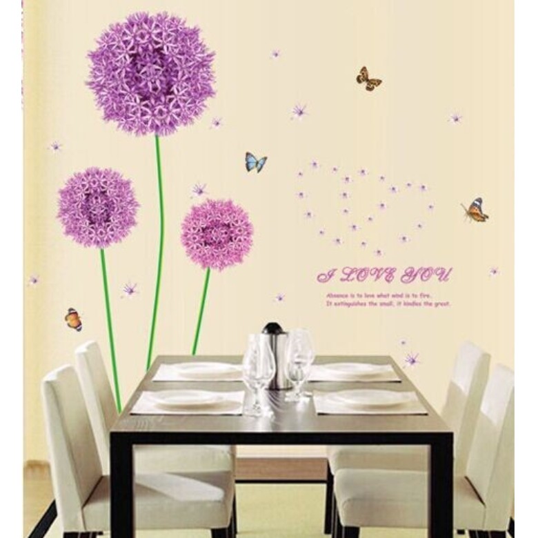RELIZA WALLSTICKER DANDELION UNGU BUNGA FLOWERS LOVE BUTTERFLY PURPLE HOME DECOR HIASAN DINDING 9127