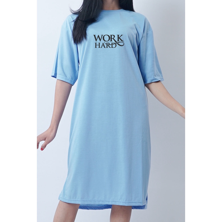 YOURSTYLE1119 - DRESS KAOS WORK HARD MIDI POLOS OVERSIZE SLIT TSHIRT MIDI DRESS