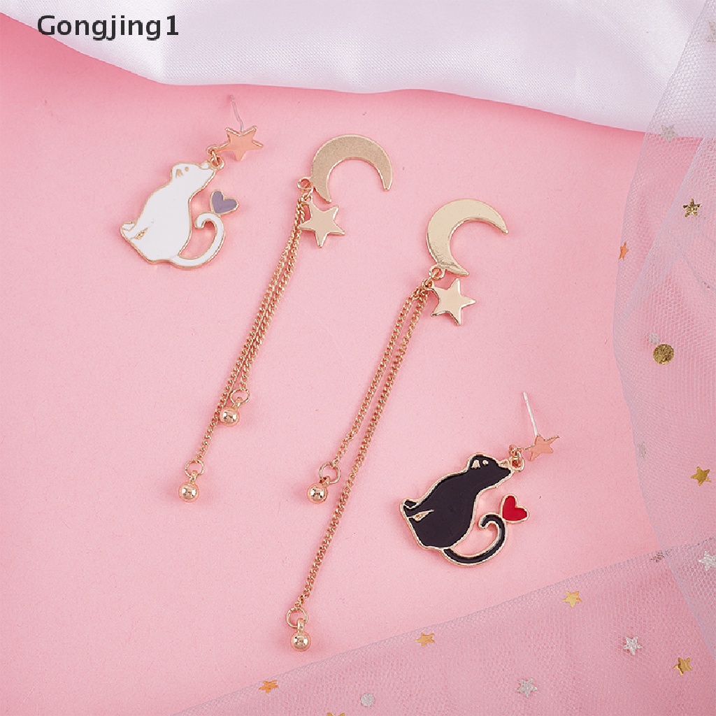 Gongjing1 Anting Tusuk Gantung Asimetris Desain Kucing + Bulan + Bintang Untuk Wanita