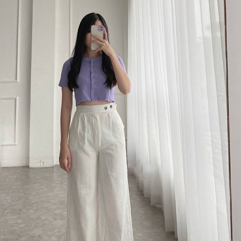 Tiwi Pants - Celana Kulot Linen Crinkle Highwaist Side Button - Celana Kulot Wanita - Cullote Pants