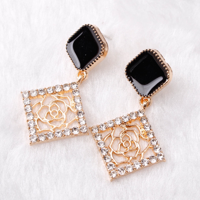 925 jarum perak square rose stud anting-anting online influencer fashion elegan cat hitam pakaian ak