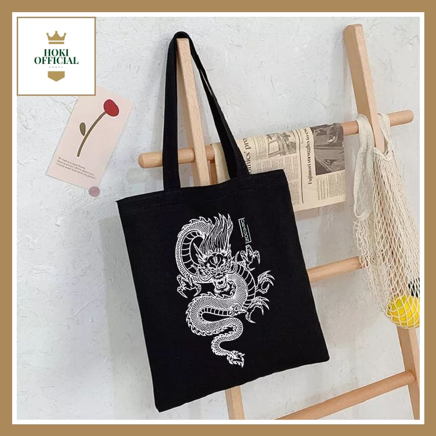 [COD] Totebag Kanvas Hitam Putih Motif Naga Pakai Resleting Tote Bag Polos HokiOfficial