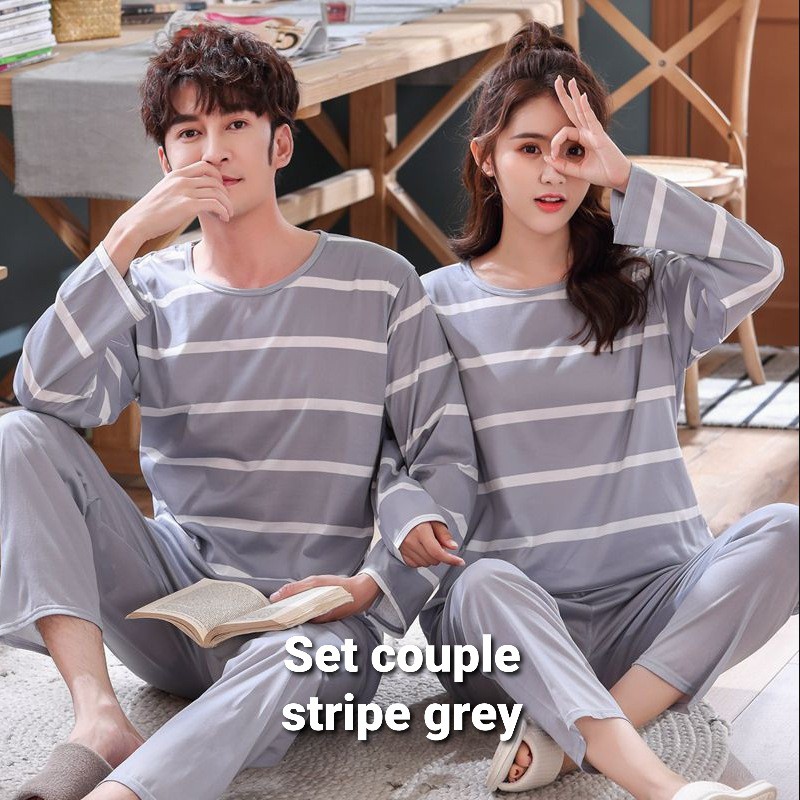 2 SET BAJU TIDUR COUPLE IMPORT / SETELAN PIYAMA PASANGAN CELANA PANJANG LENGAN PANJANG ALA KOREA