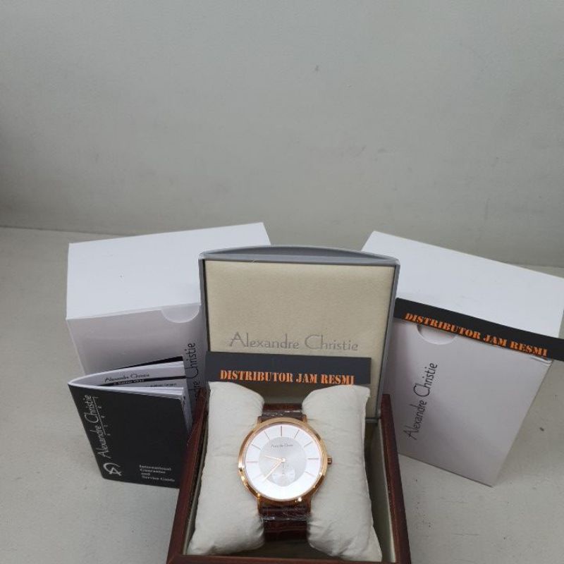 Jam Tangan Pria Alexandre Christie AC8575MS AC 8575 MS AC8575 MS AC 8575MS Rosegold Brown Leather