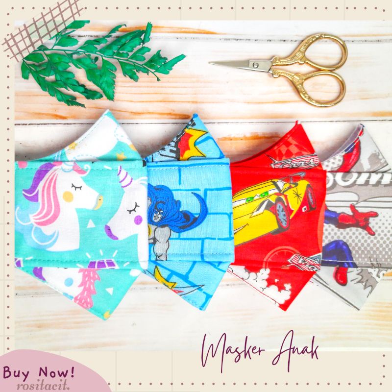 3D Masker kain katun 3ply , Earloop/Headloop, Anak/Dewasa