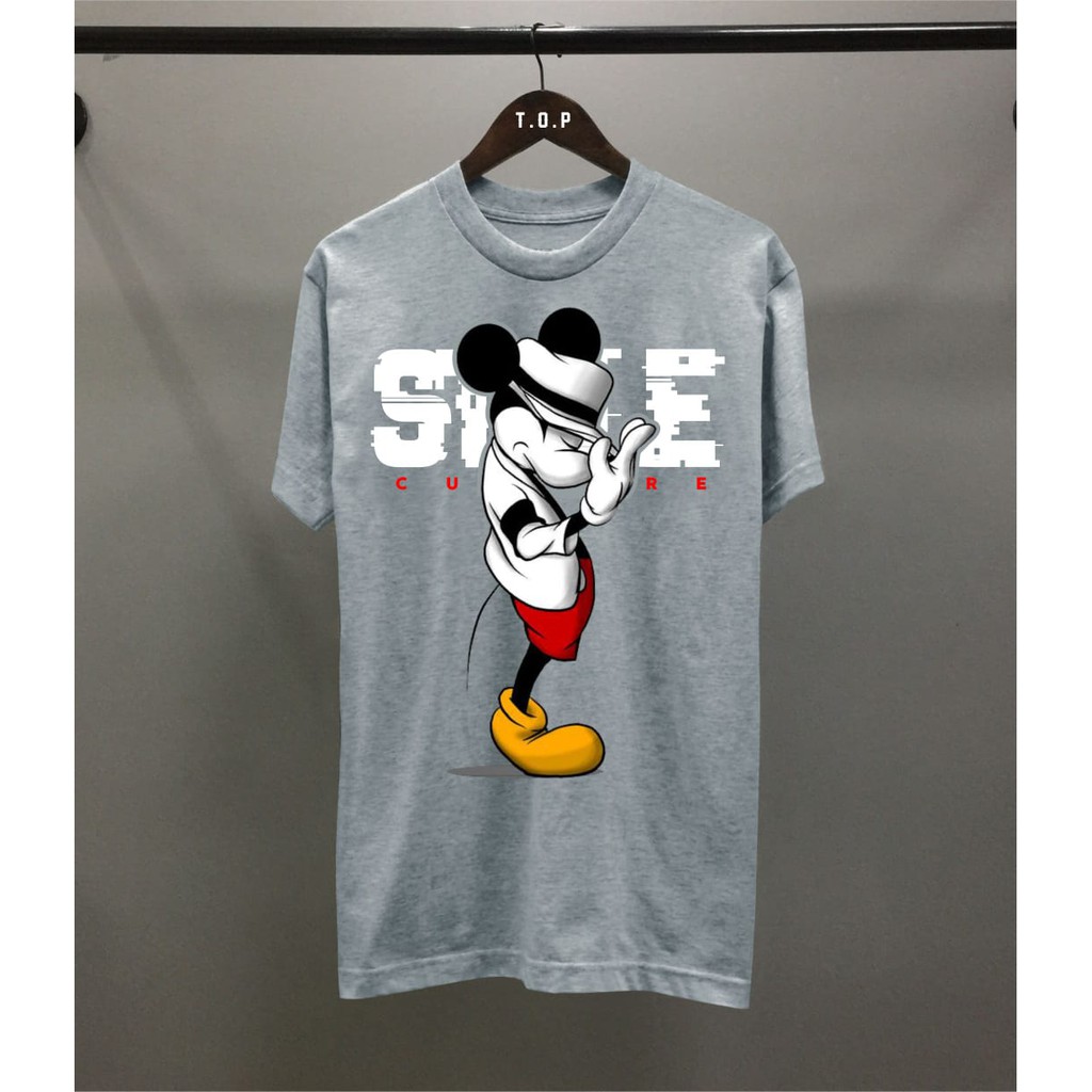 T-Shirt Mickey Style Polos / Baju Kaos Distro Pria Wanita Abu2 Pendek Slimfit