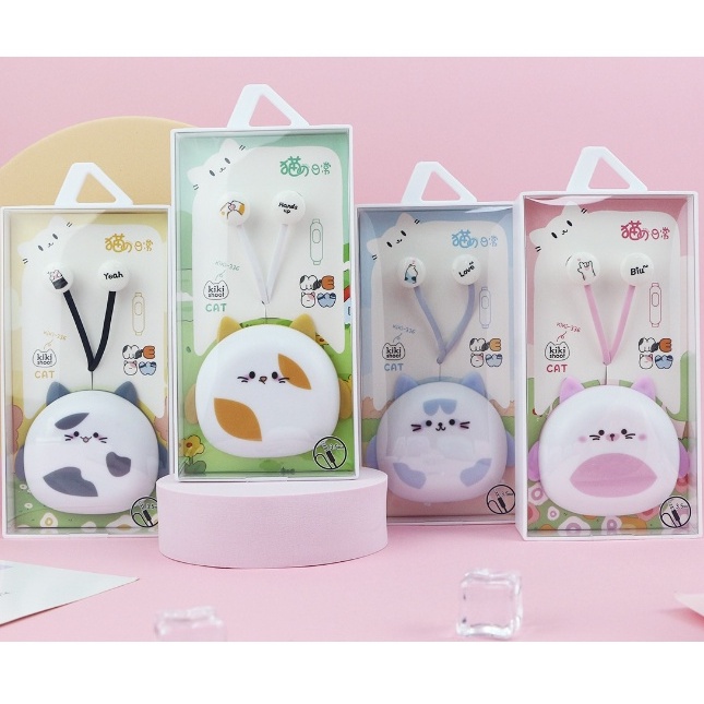 [KIKI-336] Set Headset Earphone Kartun CAT MEOW / Wadah Earphone Karakter KUCING MIAW Lucu / Tempat Penyimpanan Earphone Gambar Kucing