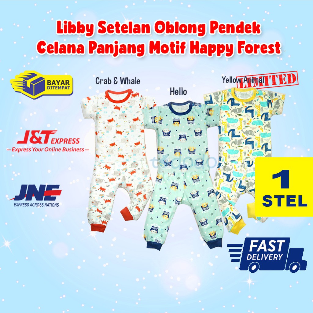 Setelan Baju Bayi Piyama Anak Oblong Pendek Celana Panjang Libby Anak Kecil Happy Forest (1 stel)