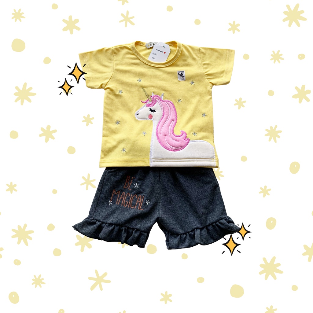 magical unicorn ruffle tee set setelan anak harian kaos celana pendek 1-3 tahun baju bayi perempuan cewek baby balita