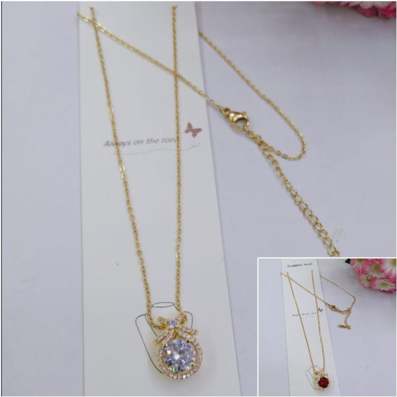 Fourfashion Kalung Titanium Dewasa Motif Pita Permata Bulat Terbaru S244