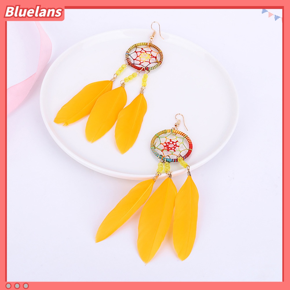 Anting Kait Gantung Desain Dream Catcher Hollow Hias Manik-Manik Bulu Gaya Bohemia Untuk Wanita