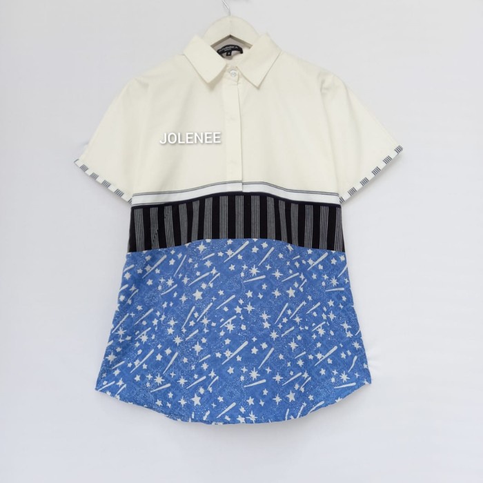 Atasan Batik Kombinasi W 113 Blue Baju Blus Blouse kerja Wanita - S