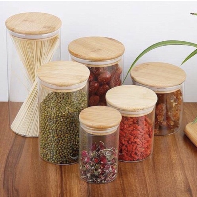 SH9 Bamboo jar Glass Borosilicate Toples Kaca Tutup Bambu Kayu Kedap Udara atau Tempat penyimpanan Makanan Toples Bumbu dengan tutup kayu bambu