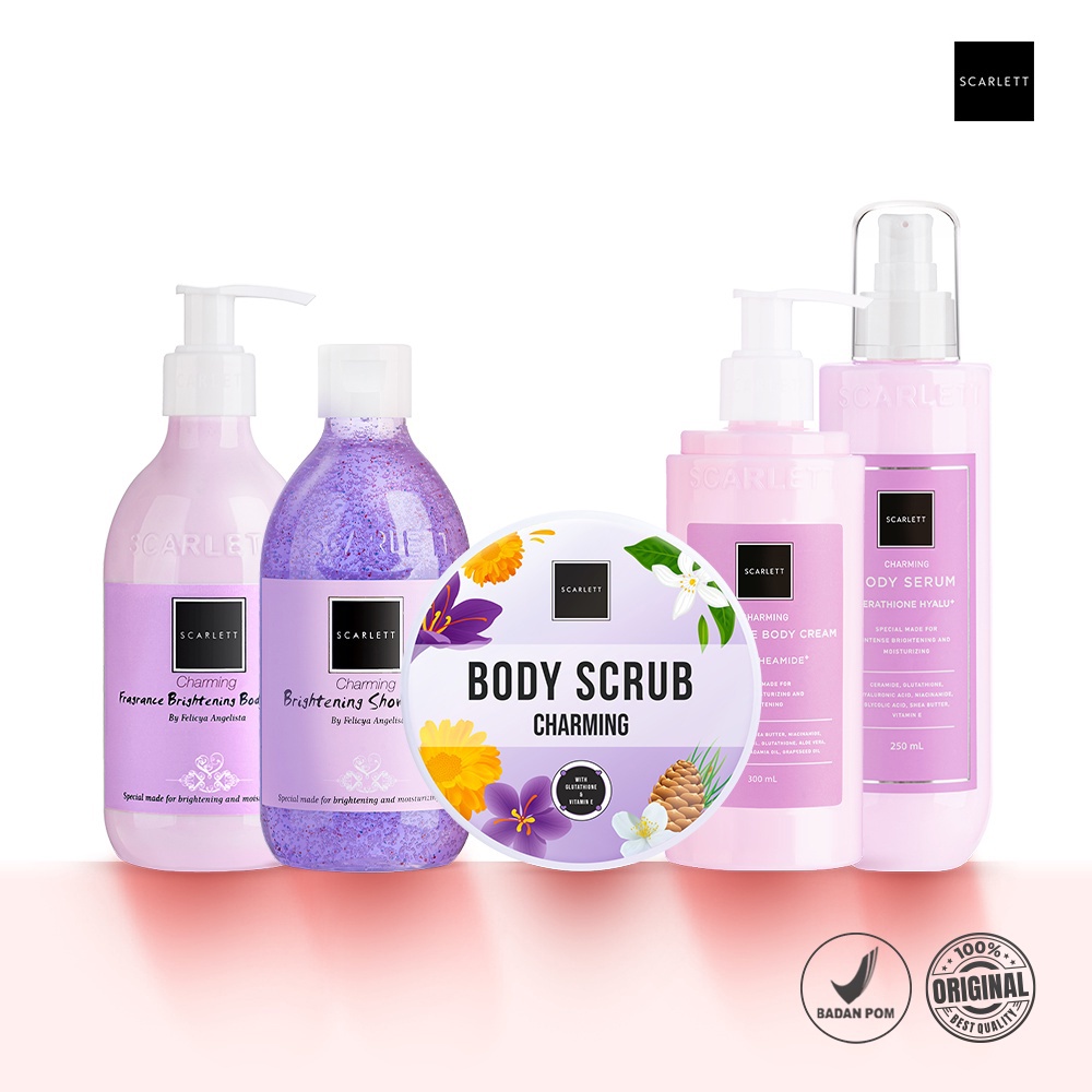 SCARLETT WHITENING / SCARLET WHITENING Body Lotion Serum Lulur Shower Scrub BRIGHTLY ACNE ROMANSA POME CHARMING FRESHY JOLLY