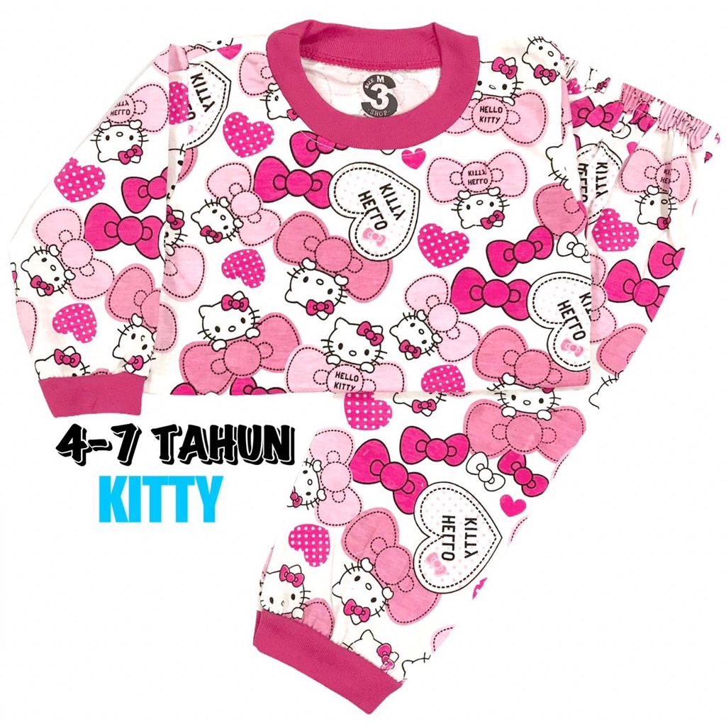 (1 KG MUAT 6 STEL) BAJU TIDUR ANAK KIDS PEREMPUAN/CEWEK SETELAN BAHAN KAOS KATUN 4-7 TAHUN KITTY/HK/KUCING/CAT