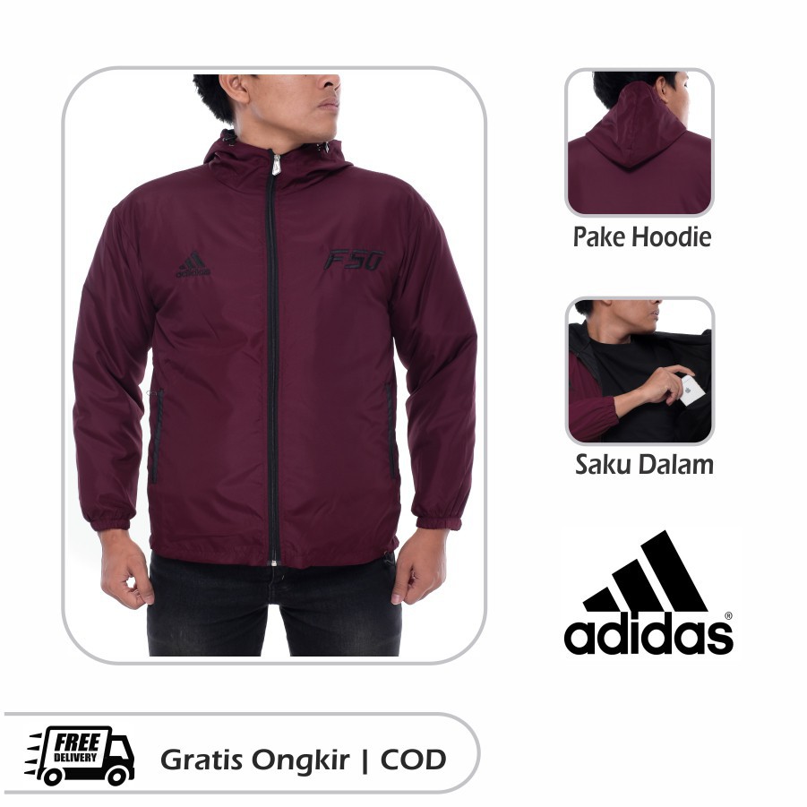 Jaket Outdor / Jaket Adidas Parasut Running Tracker F50 Maroon Strip Hitam