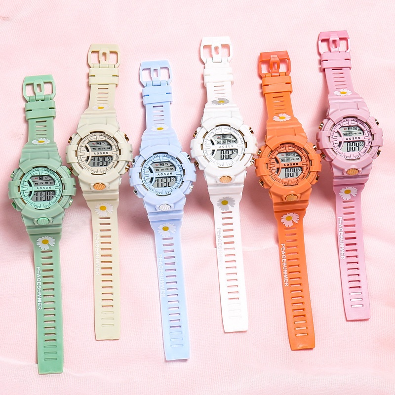 ✅COD Jam Tangan Digital Wanita Pria Fashion Sport Gaya Bunga Aster Kecil Rubber Bulat Watch LED Murah S1174