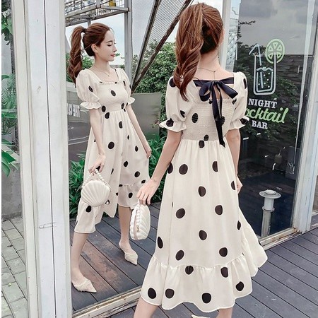 b017, import Polkadot Maxi Dress Model Lengan Pendek Puff Dress Import