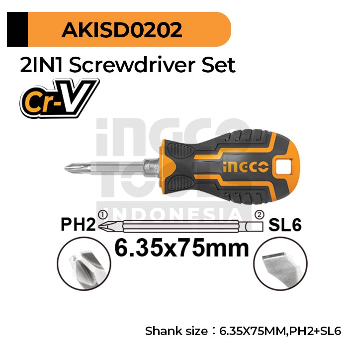 2-Way Stubby Screwdriver (PH2+SL6) INGCO AKISD0202 Obeng Cebol Mini Arah Bolak Balik Plus-Min Minus