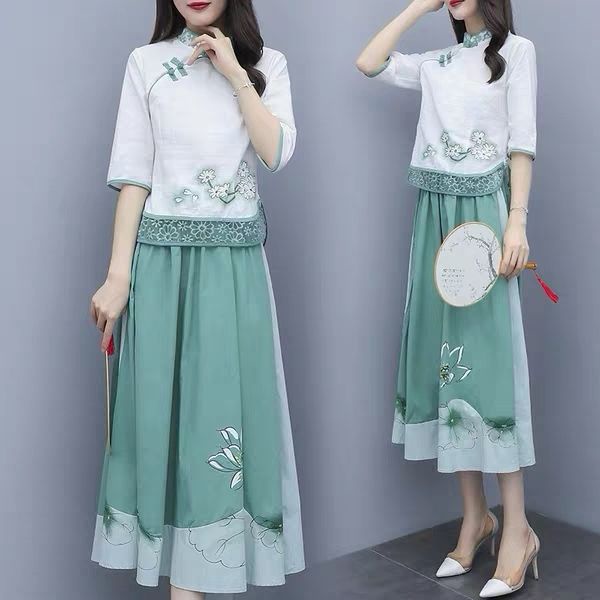 spring and summer cotton hemp cheongsam dress feminine Tang suit female Matcha gr