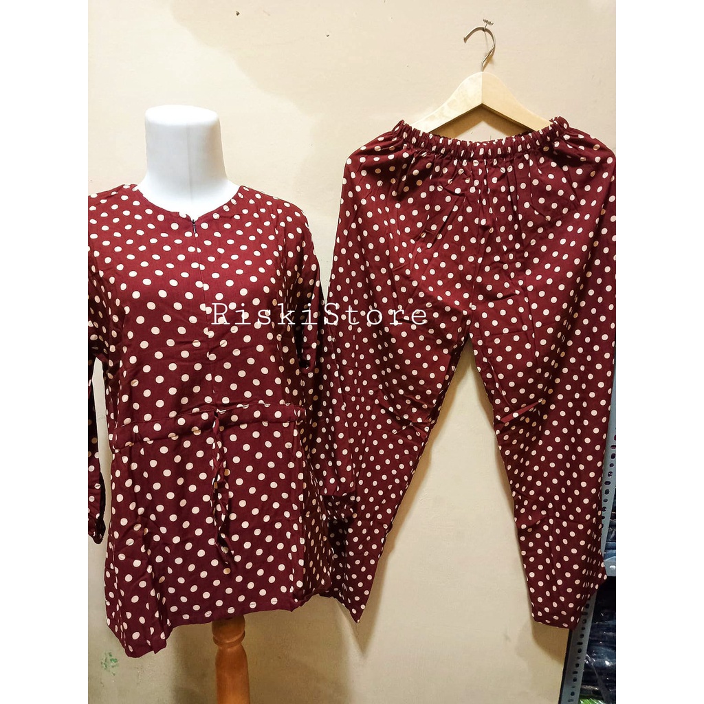 (BISA COD) - One Set Wanita Kekinian - Setelan Motif Polka Serut - Set Rayon Busui - Baju Wanita Kekinian-2