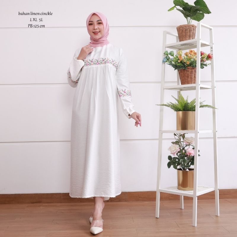 Zaja - Kanaya Midi Dress Bordir Cantik Matt Linen Cringkel Terbaru