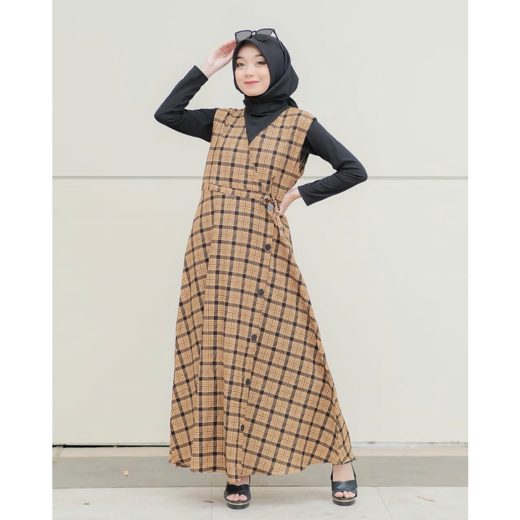 DRESS KHANZA OVERALL kotak / HANDAYANI / MOULY  ootd selebgram remaja busana wanita muslim fashion free inner OVERALL dress remaja baju muslim anak tanggung outer terbaru lebaran ecer grosir reseller dropshiper manset