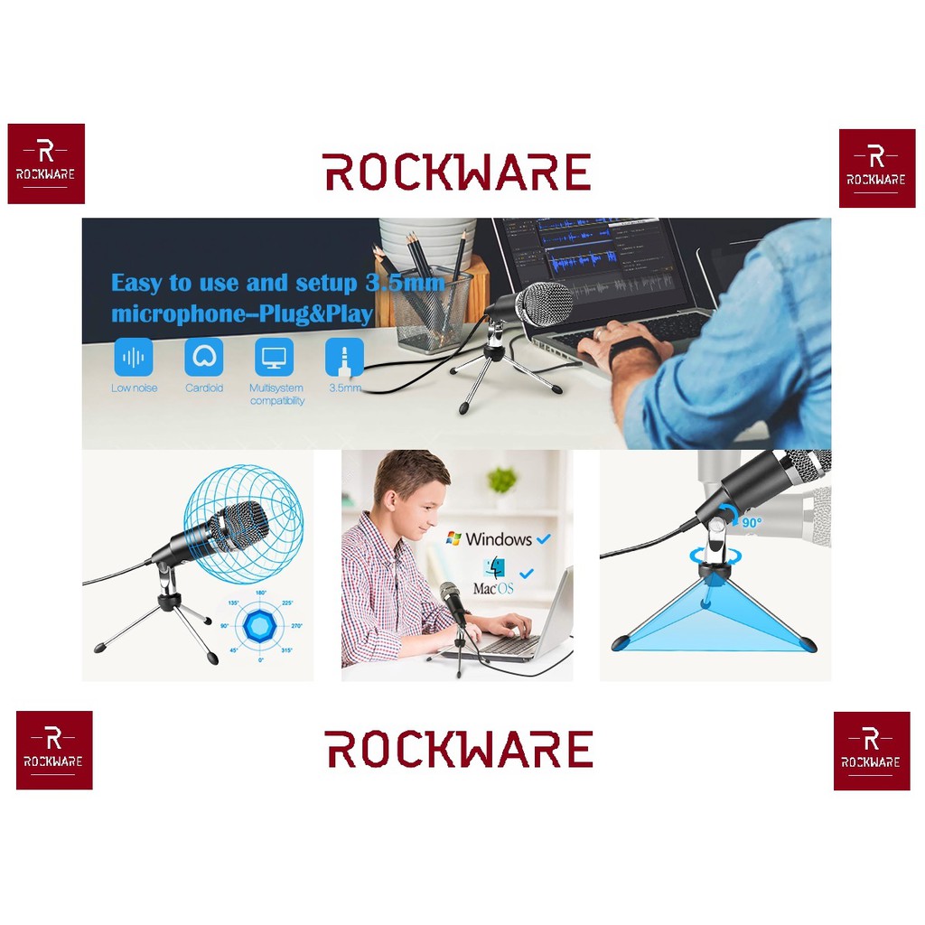 ROCKWARE Professional Condenser Microphone 3.5mm with Mini Tripod - Mikrofon Universal PC/Laptop