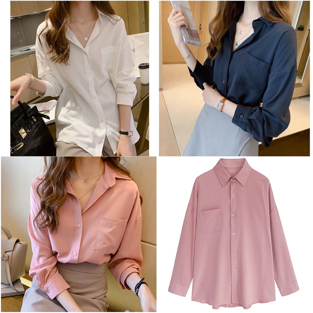 Atasan Wanita - Kemeja Paula Basic Import -Navy Putih Pink