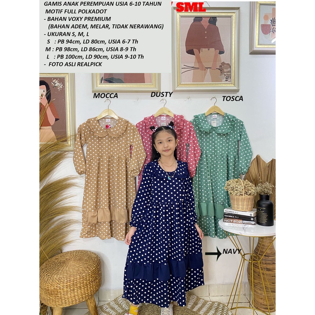 GAMIS ANAK PEREMPUAN USIA 6 - 10 TAHUN MOTIF FULL POLKADOT
