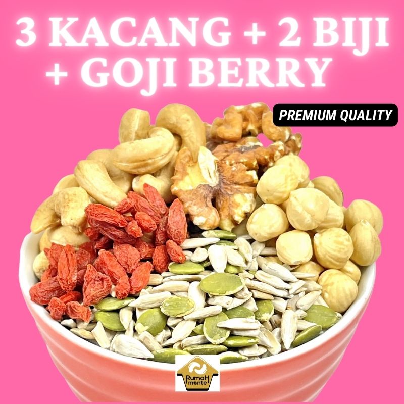 

TRAIL MIX CUSTOM 6 KACANG MEDE WALNUT HAZELNUT SUNFLOWER PUMPKIN GOJI BERRY 1KG (CEMILAN DIET)
