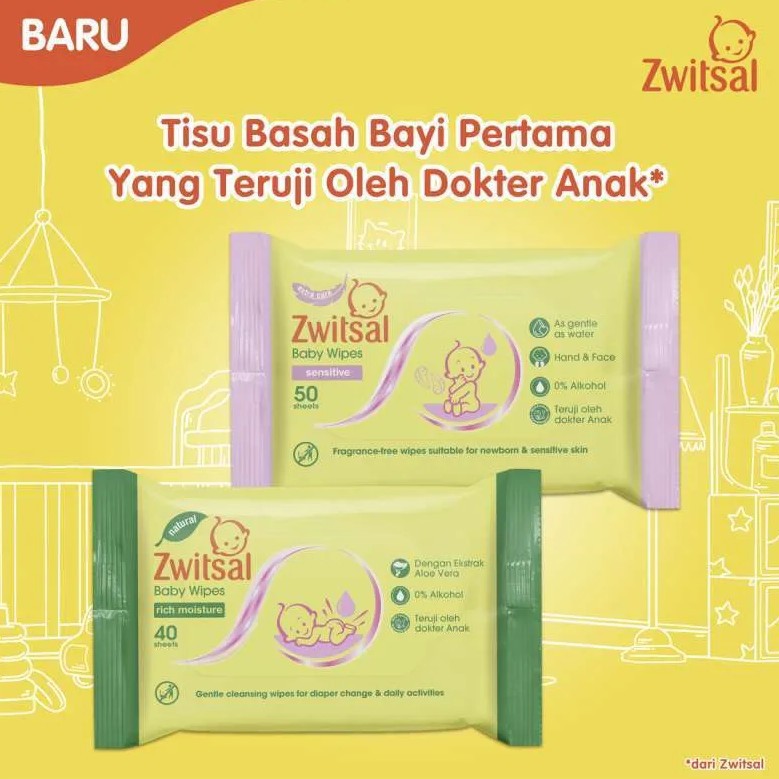 Zwitsal Baby Wipes Rich Moisture isi 40 s (Buy 1 Get 1) / 40s Satuan / Sensitive 50 s  - Tisu Tissue Basah Bayi