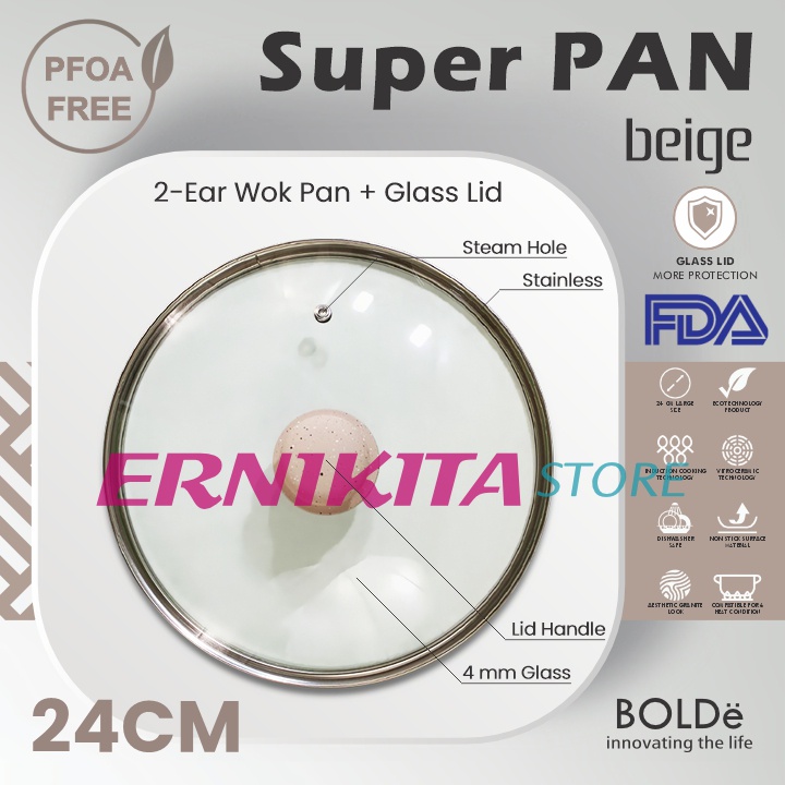 BOLDe SUPER PAN 2 EAR WOK 24 CM + LID - Wajan 24 cm 2 Kuping Tutup Kaca