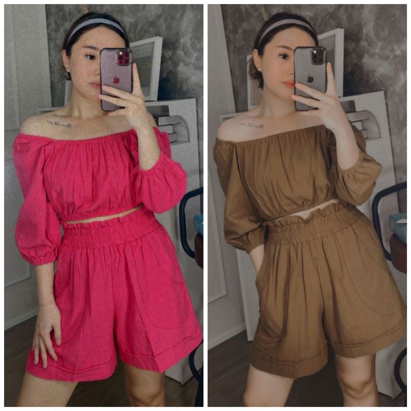 ❣️ SPECIAL PRICE ♡ PREMIUM ♡ REAL PIC ! DINAN 2 IN 1 SET SABRINA RUBBER CROP TOP WITH SHORT  PANTS / SETELAN POLOS ATASAN &amp; CELANA PENDEK