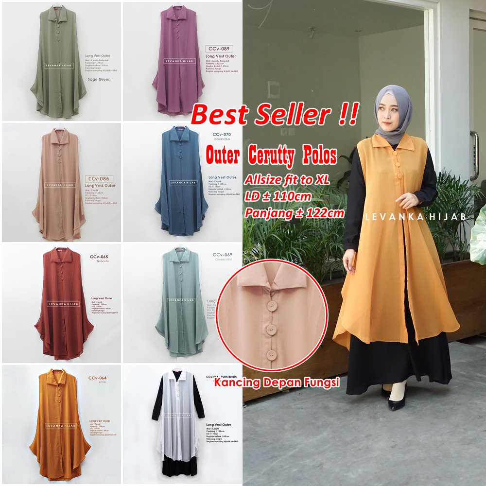 BARU  LONG VEST OUTER CERUTI / CERUTTY POLOS TANPA LENGAN MODEL KANCING / OUTER HIJAB KEKINIAN