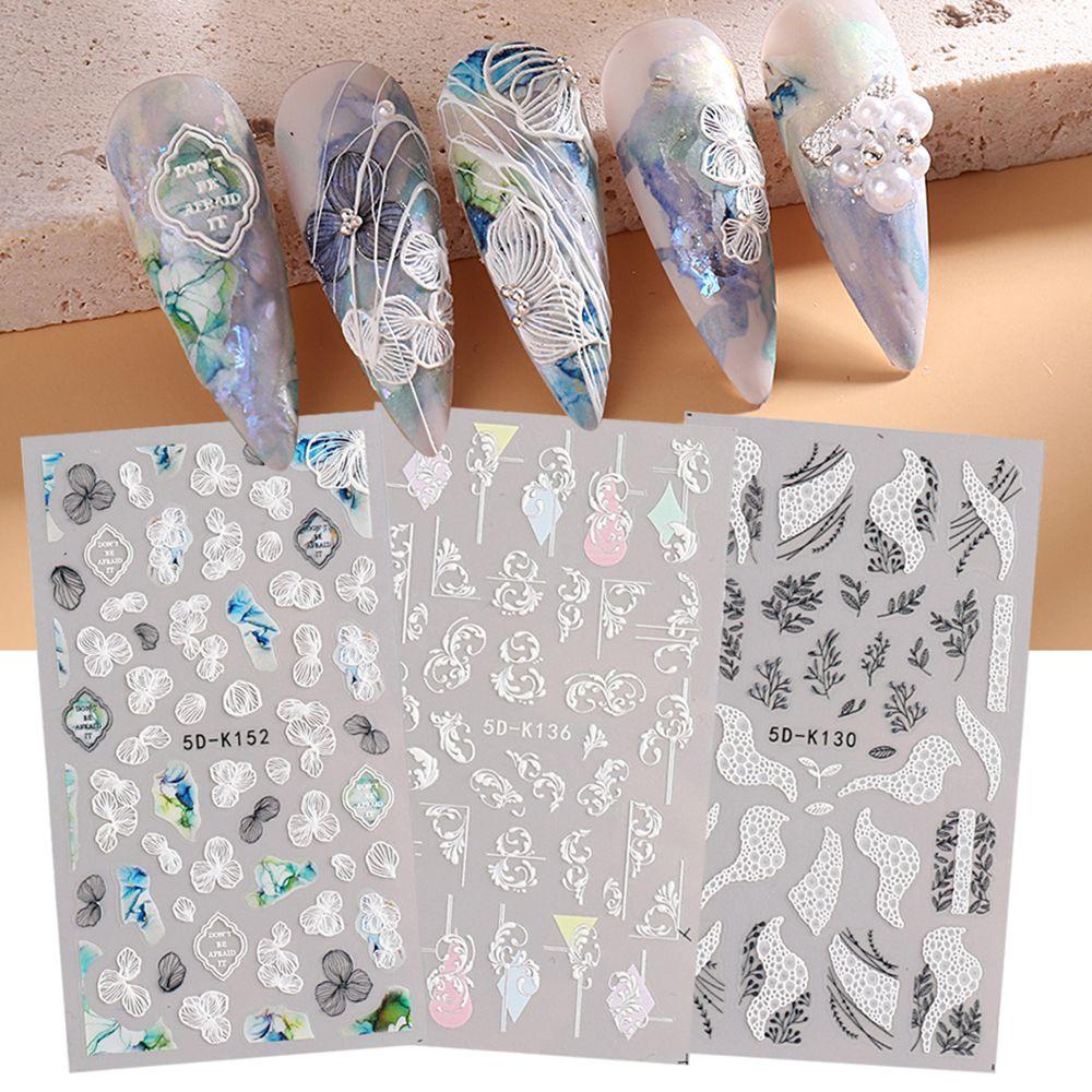 R-flower Nail Art Sticker Decals Akrilik Desain Ukiran Timbul Perekat Diri 5D Hollow