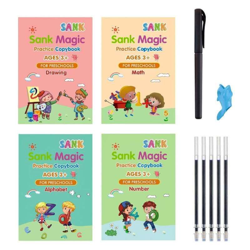 Sank Magic Book Alfabet Arabic Hijaiyah 1 Set isi 4 Buku Pulpen Refill Buku Latihan Belajar Menulis TK PAUD Reuseable Buku Edukasi Pintar Menulis Alfabet Matematika Buku Ajaib tulisan hilang sendiri