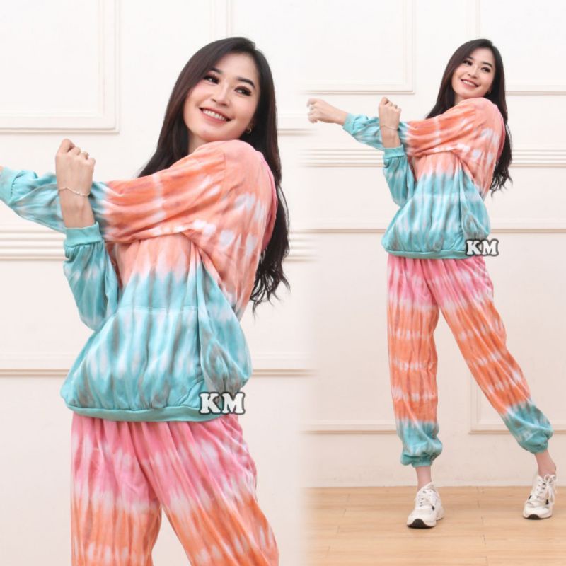 Setelan CP Sweater Hoodie Tiedye Set Celana Joger One Set Tiedye Fashion Baju Wanita Kekinian-Hoodie lapis Oren