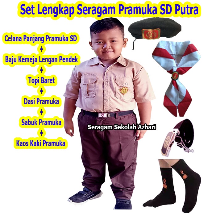 Set Lengkap Seragam Pramuka SD Laki Lengan Pendek+Topi Baret+Dasi Pramuka+sabuk+Kaos Kaki Pramuka-Se