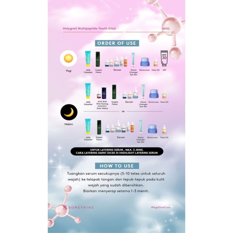 SOMETHINC Holygrail Multipeptide Youth Elixir Indonesia / Serum Facial Wash Cleansing Essence Mist Toner Ampoule Eye Cream Creme Eye Gel Sunscreen Sleeping Mask Masker Moisturizer Body Scrub Lotion / Cushion Mascara Lipstick Lip Tint Balm Sugar Wax Paket