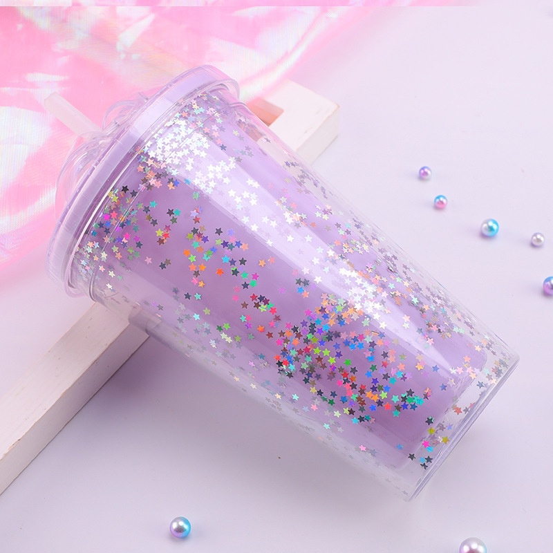 Gelas Tumbler Cups Glitter Blink Sedotan 450ml Colors Soft WD