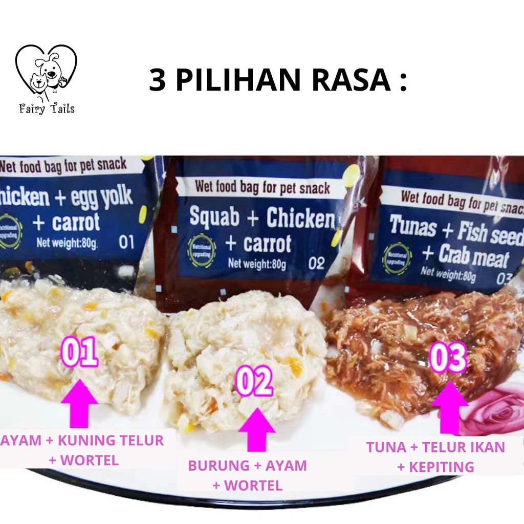 Snack Anjing dan Kucing Makanan Basah Dengan Daging Asli Premium Kemasan Kantong Pouch (Ishtar) Seafood , Ayam , Ikan , Kuning Telur Pengganti Makanan Hewan Kaleng Anjing (Kemasan Lebih Ramah Lingkungan) | Dog Wet Food with Real Meat